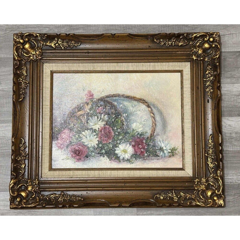 Vintage 80’s Oil Painting Art Flower Basket Floral Gold Ornate Frame Signed